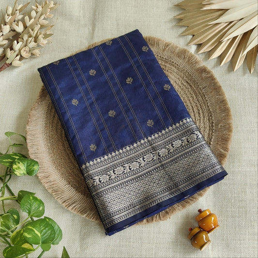 Dark Navy Blue with Silver Antique Silk Saree