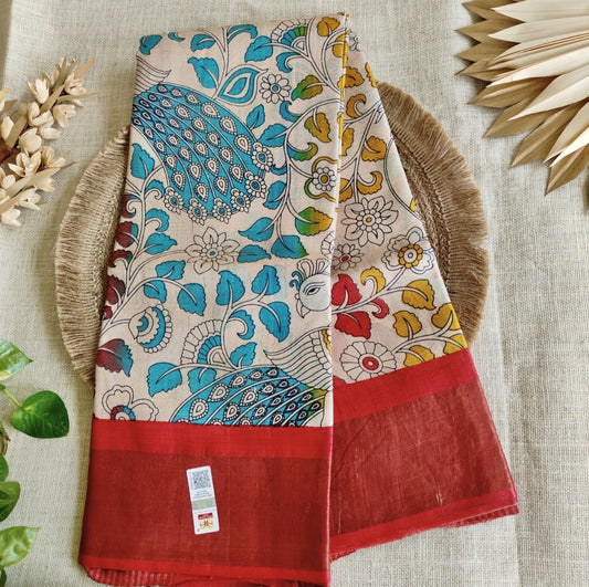Red Peacock Pure Tussar Silk Saree