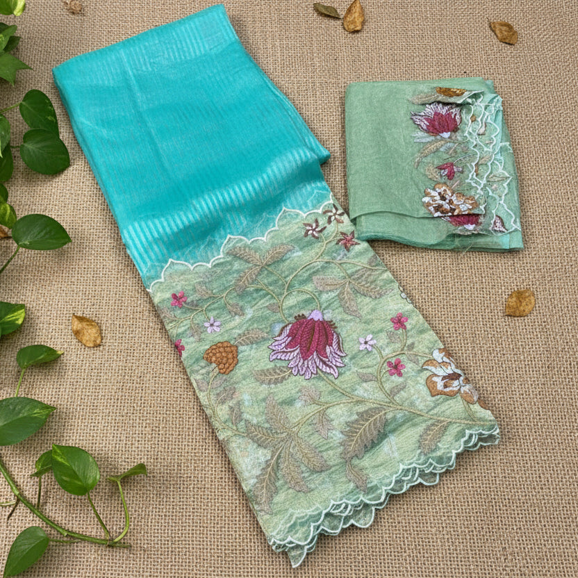 Sky Blue Pure Tissue Organza Embroidery Silk Saree