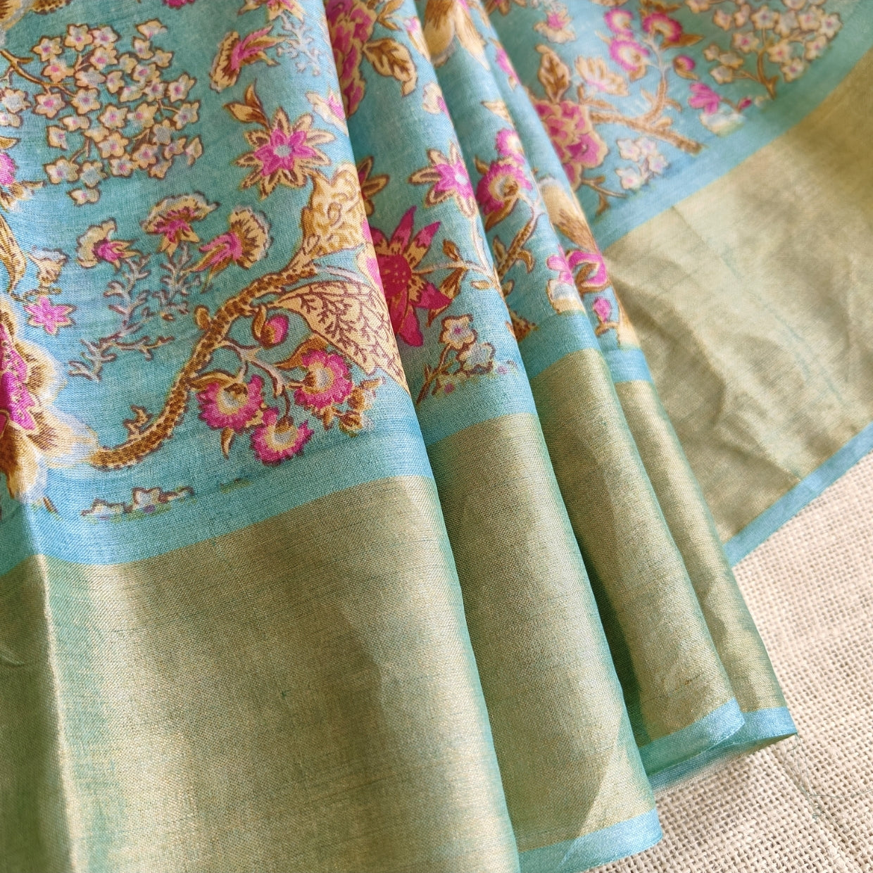 Blue with Pink Floral TussarSaree