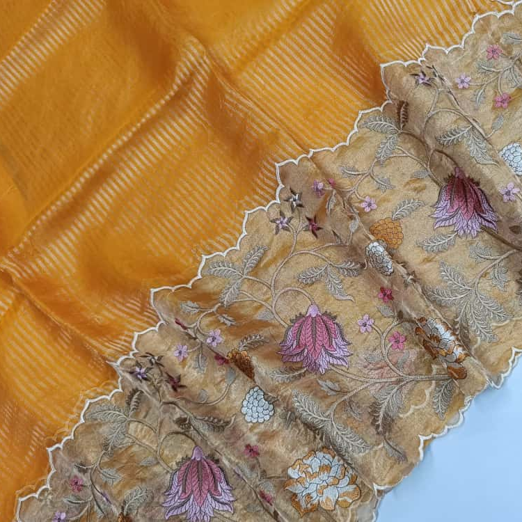 Yellow Pure Tissue with Organza Embroidery Silk Saree
