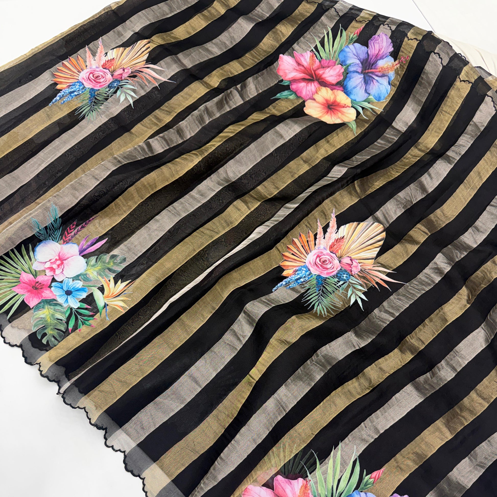 Black Gold Stripes Floral Appliqué Pure Tissue Organza Saree