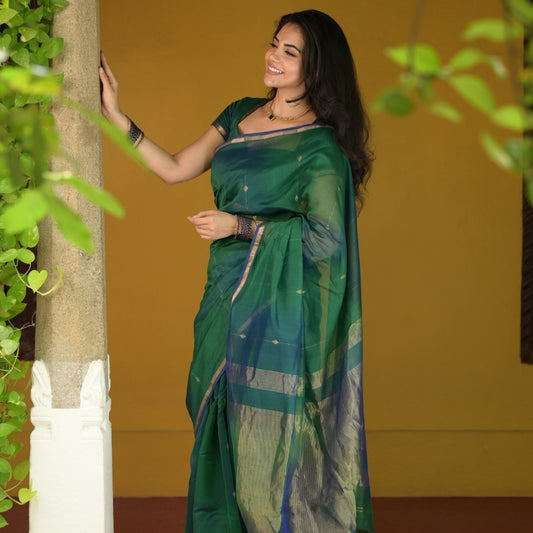 Peacock Green Blue Dual Shade Maheshwari Silk Cotton Saree