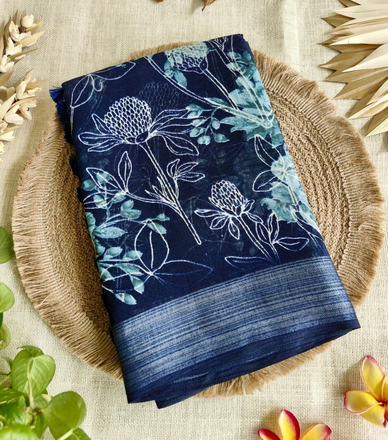 Dark Blue Floral Linen Saree
