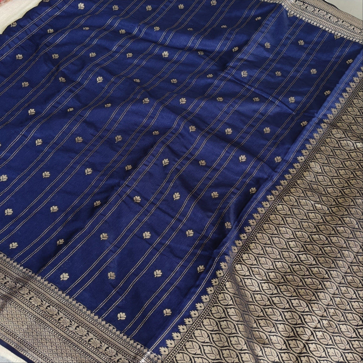 Dark Navy Blue with Silver Antique Silk Saree