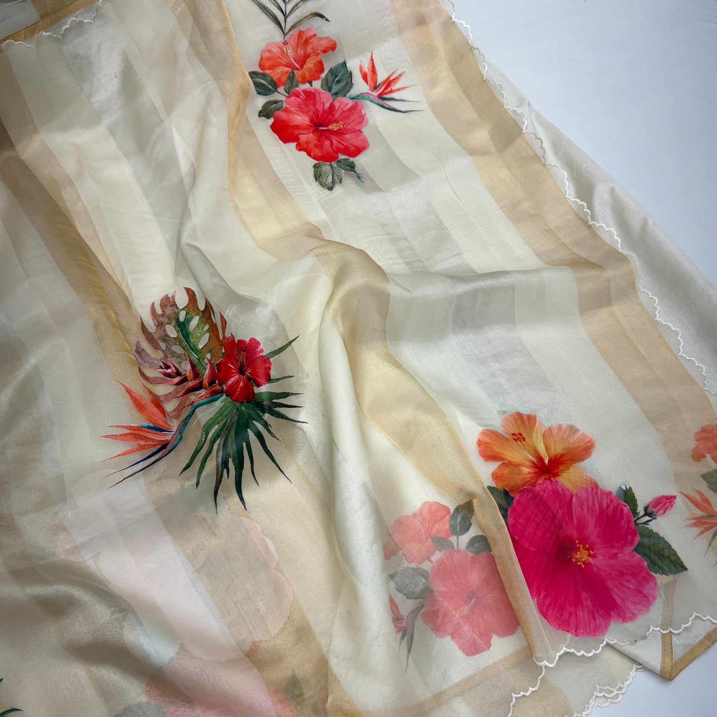 Off White Gold Stripes Floral Appliqué Pure Tissue Organza Saree