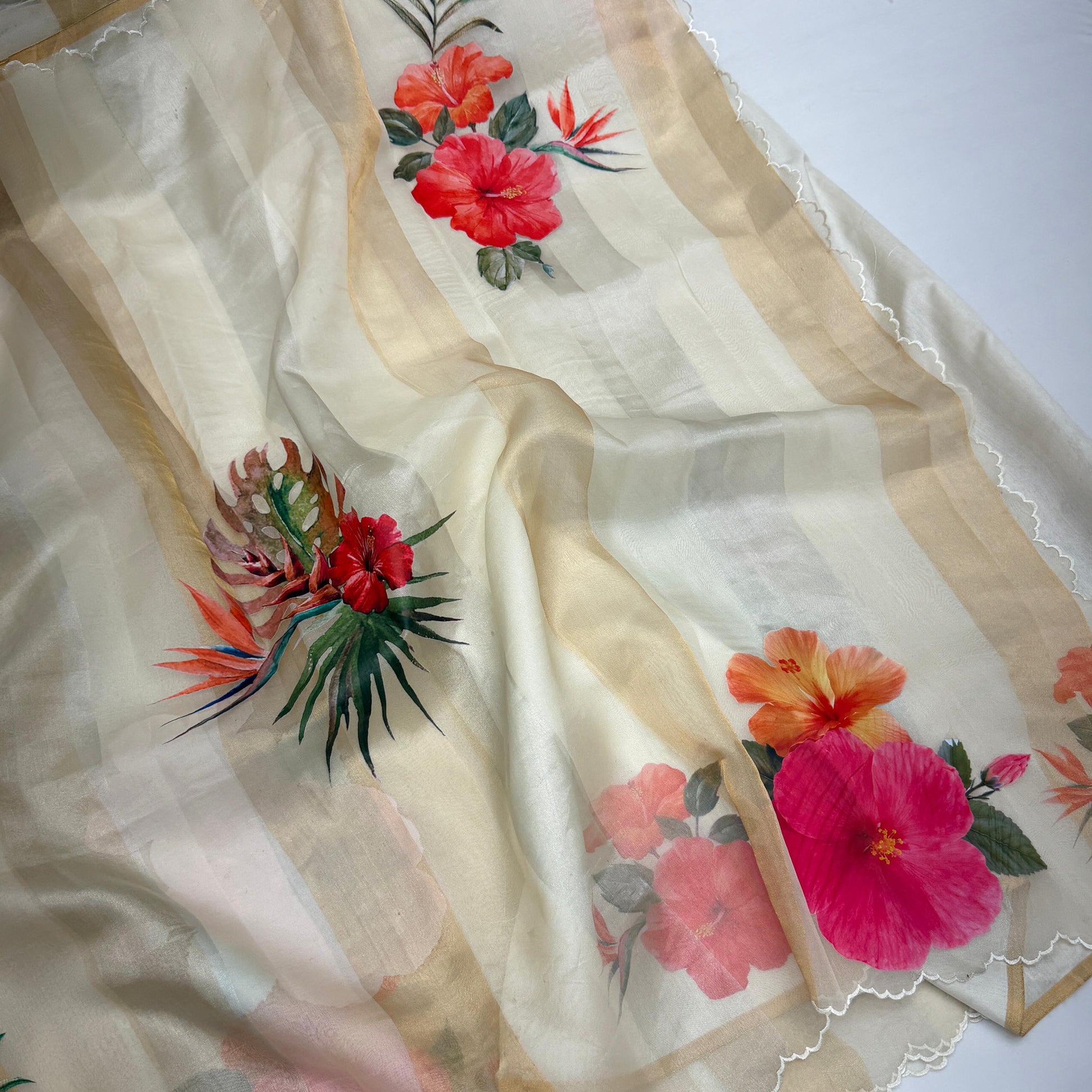 Off White Gold Stripes Floral Appliqué Pure Tissue Organza Saree