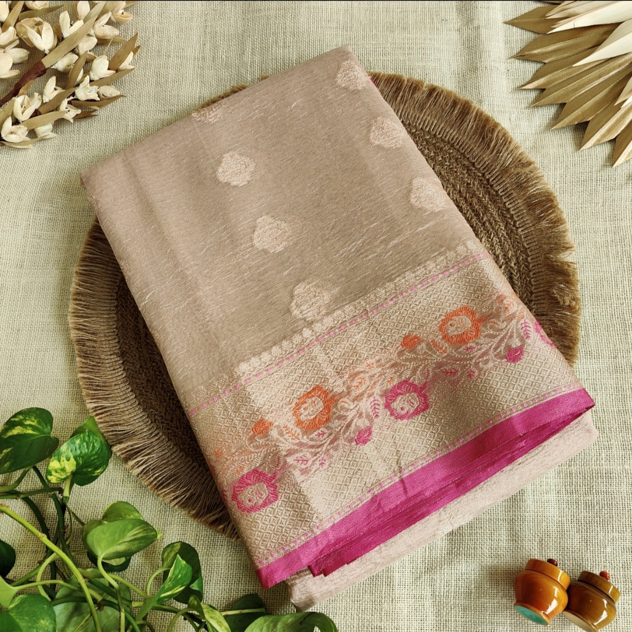 Pastel Peach Crush Tissue Silk Saree