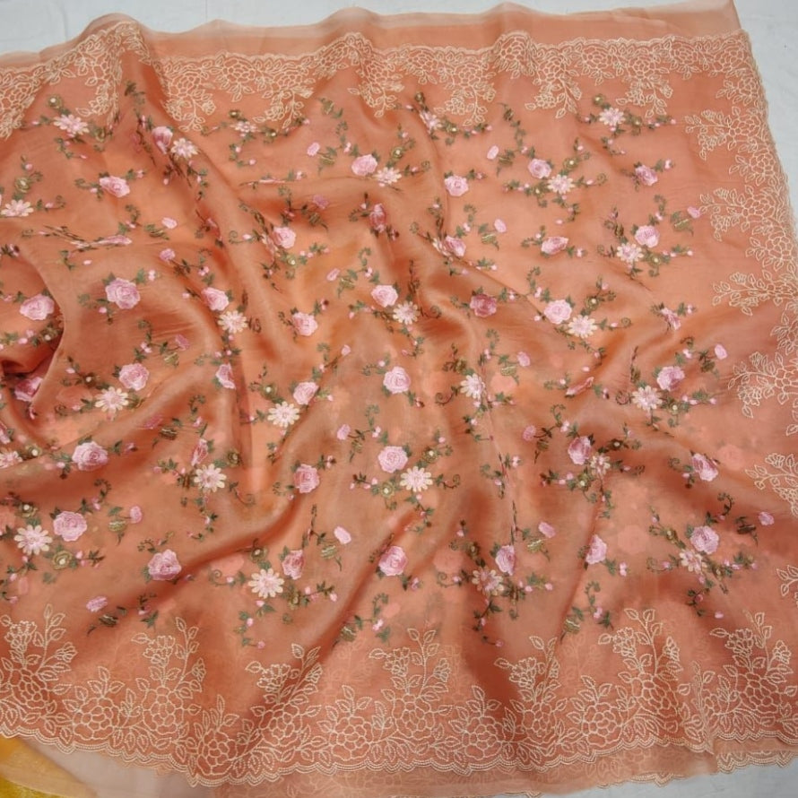 Orange Intricate Floral Embroidery Organza Saree