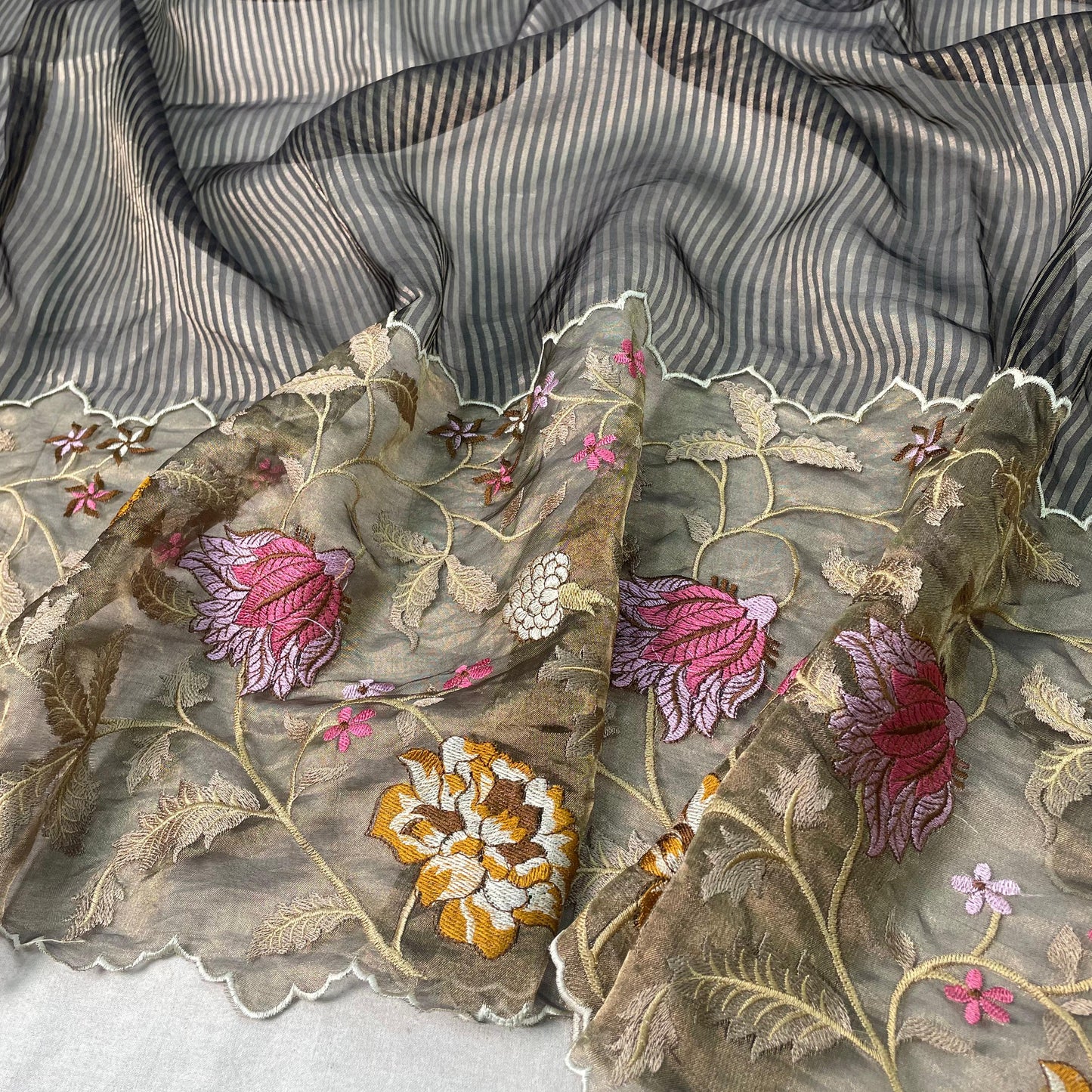Black Pure Tissue Silk Embroidery Saree
