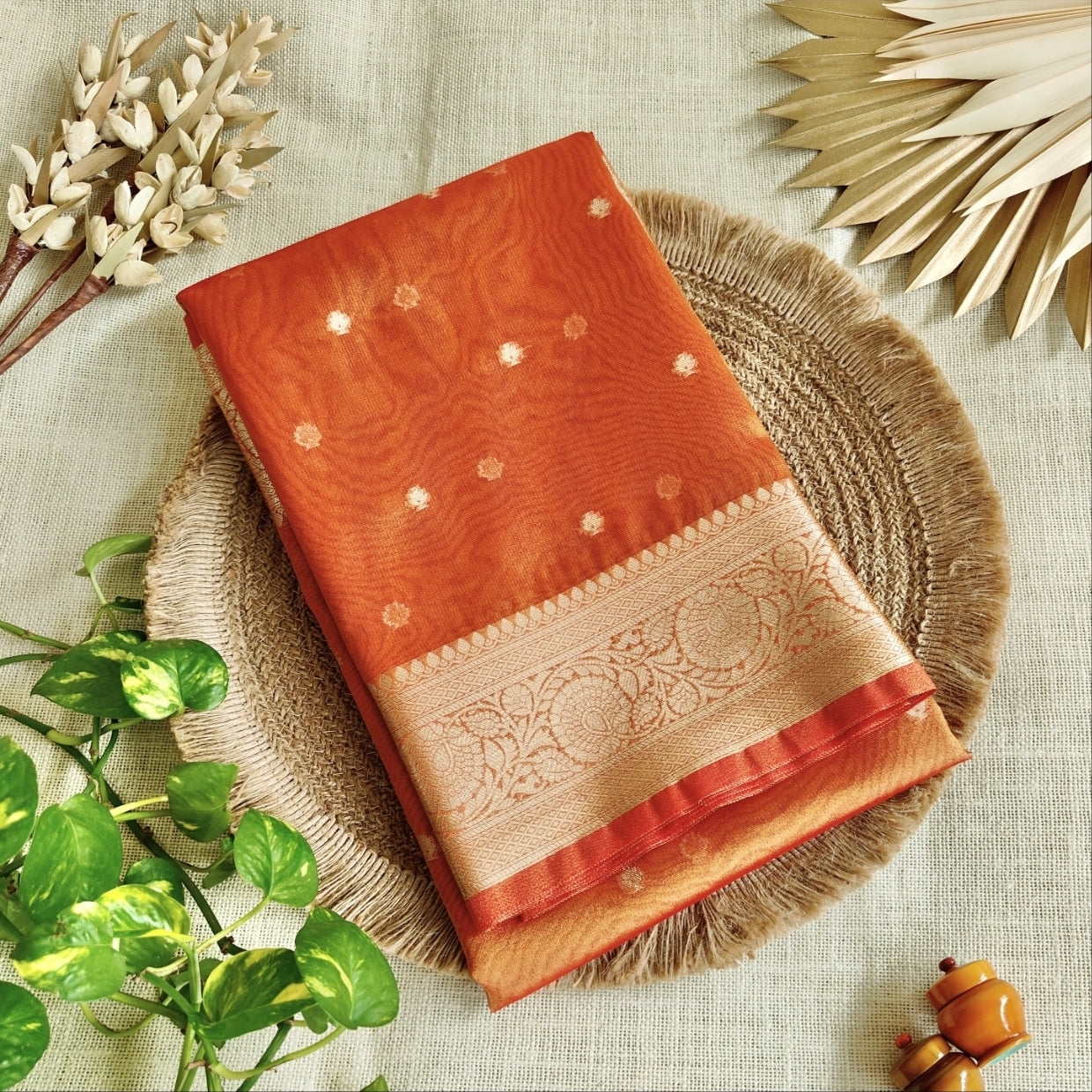Orange Banarasi Tissue shimmer Silk Saree
