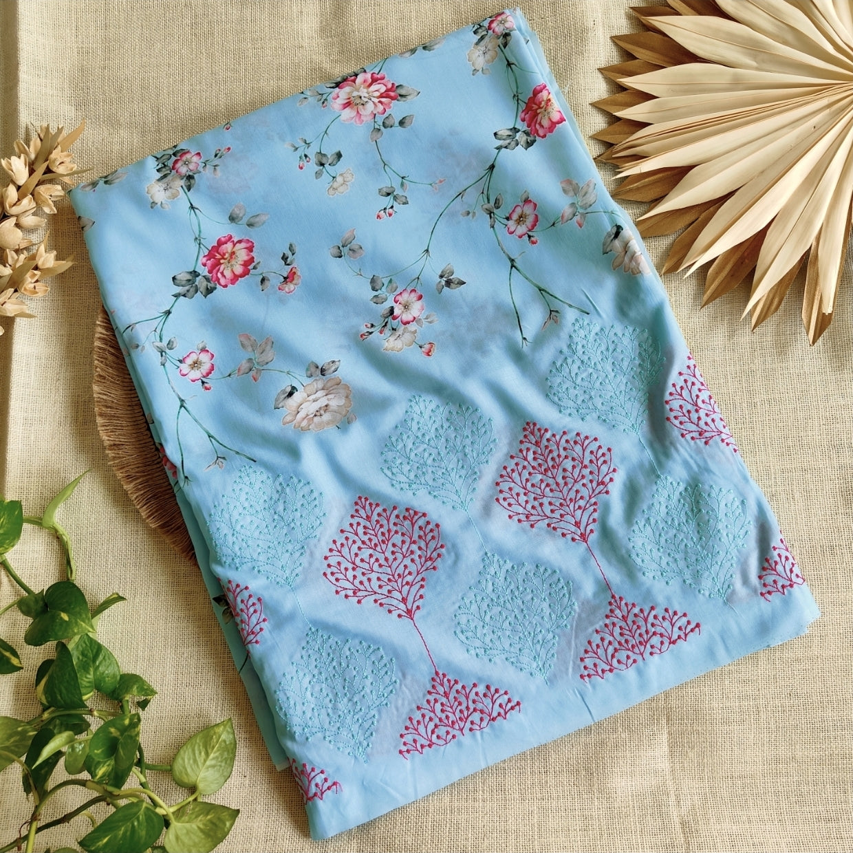 Sky Blue Muslin Floral Print with Embroidery