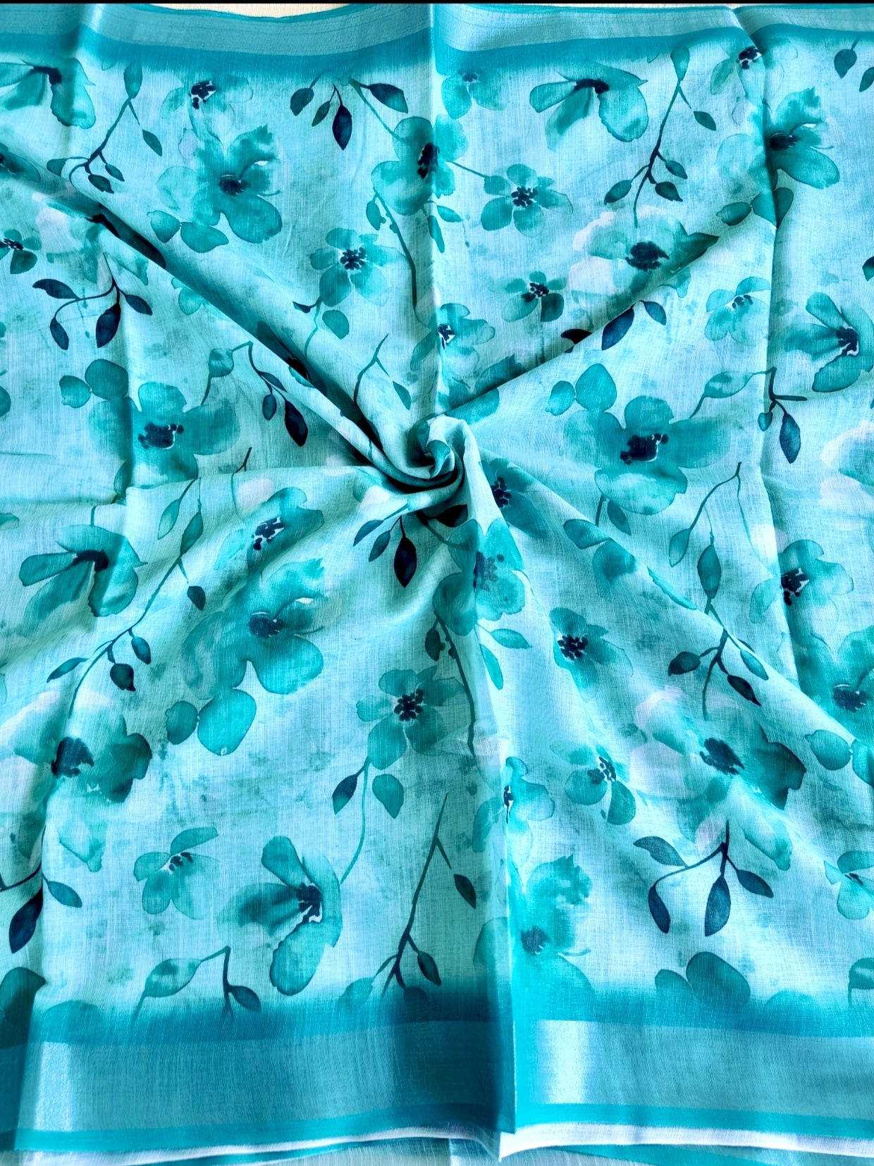 Rama Green Floral Linen Saree