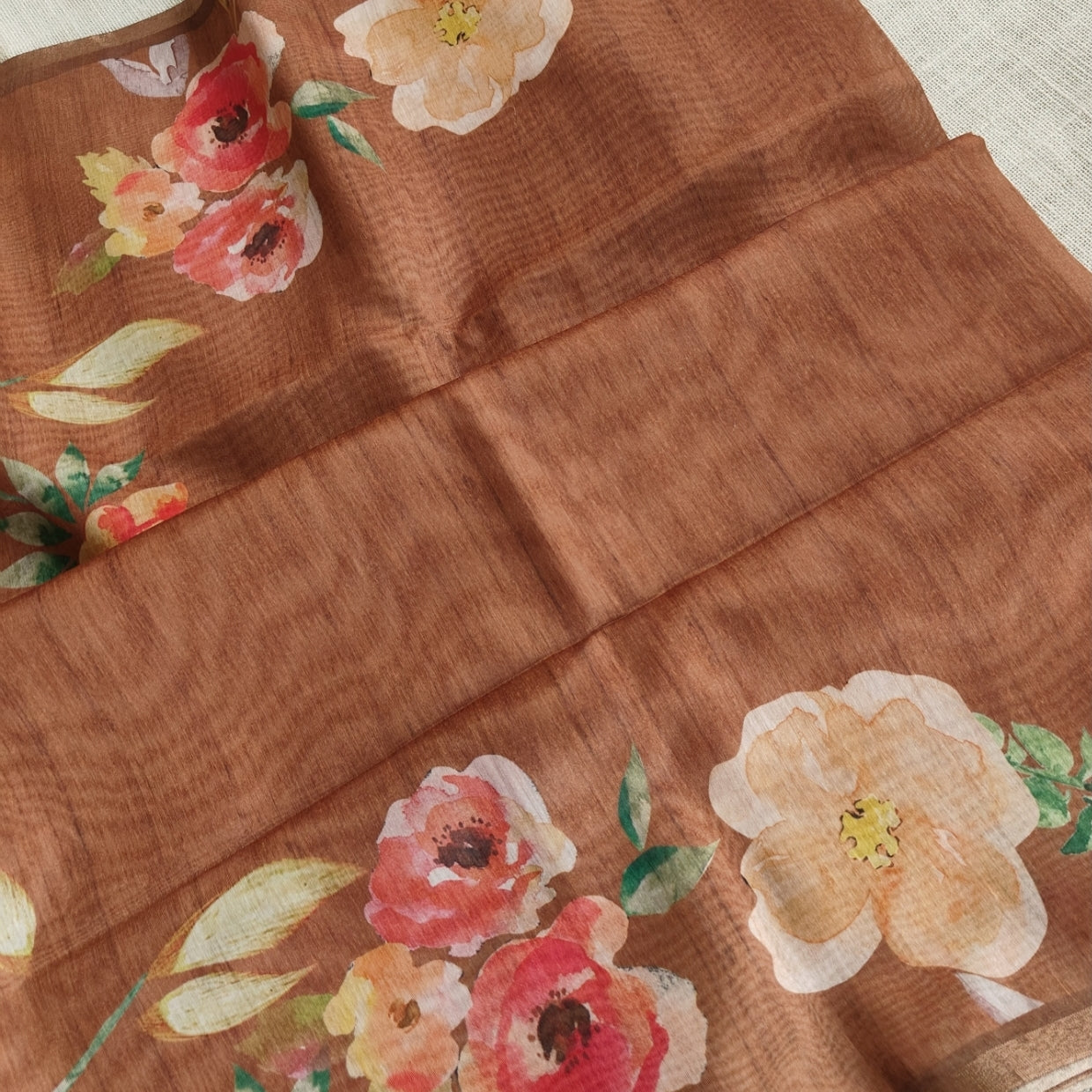 Mild Brown Chanderi Floral Print Saree