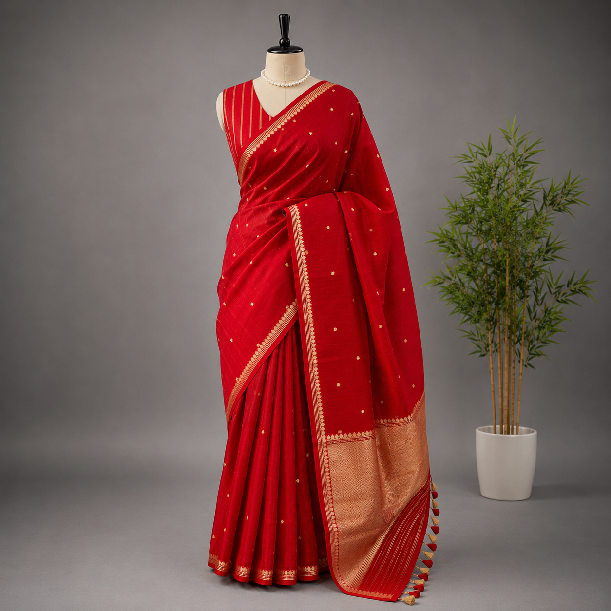 Scarlet Red Pure Kora Silk Saree