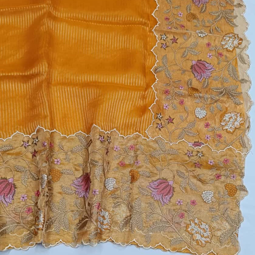 Yellow Pure Tissue with Organza Embroidery Silk Saree
