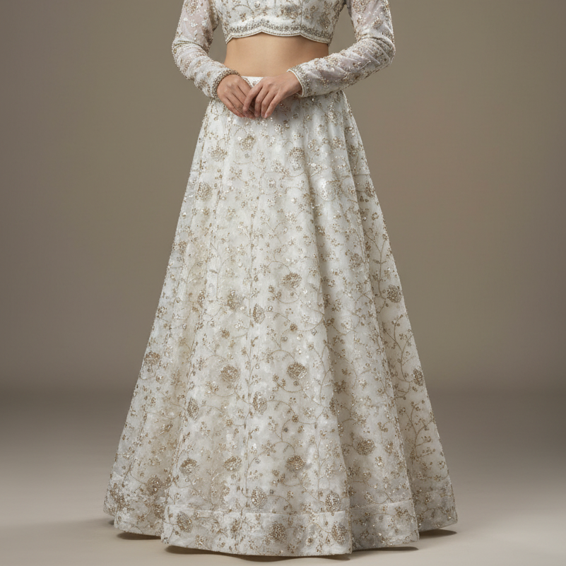 White Natural Crepe Designer Embroidered Fabric