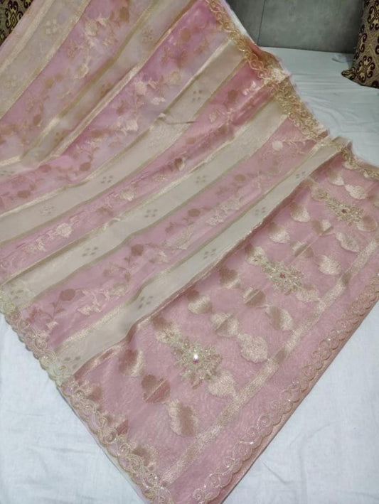 Ivory Baby Pink Stripe Tissue Organza Saree