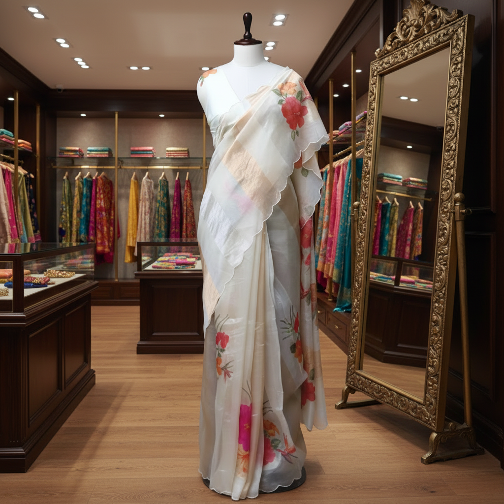 Off White Gold Stripes Floral Appliqué Pure Tissue Organza Saree