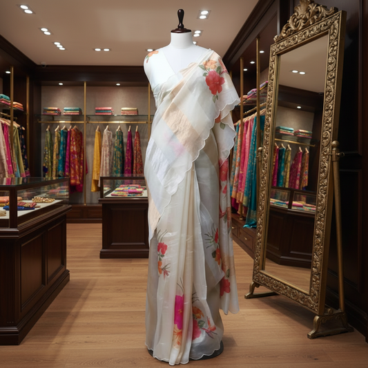 Off White Gold Stripes Floral Appliqué Pure Tissue Organza Saree