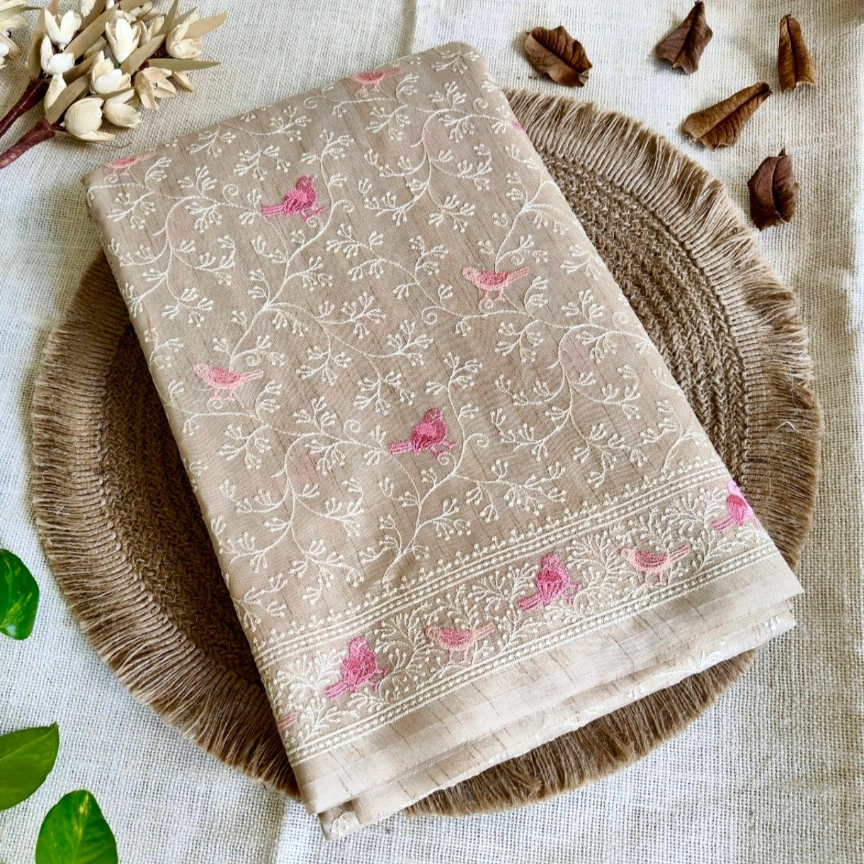 Beige Tussar Bird Embroidery Saree
