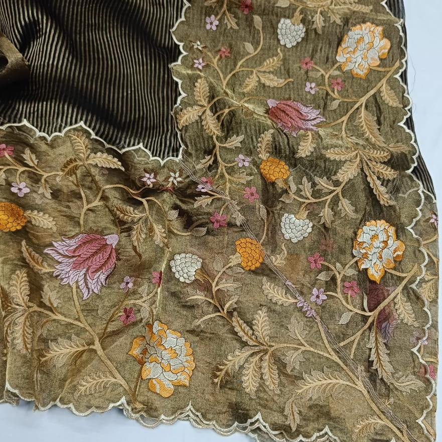 Black Pure Tissue Silk Embroidery Saree