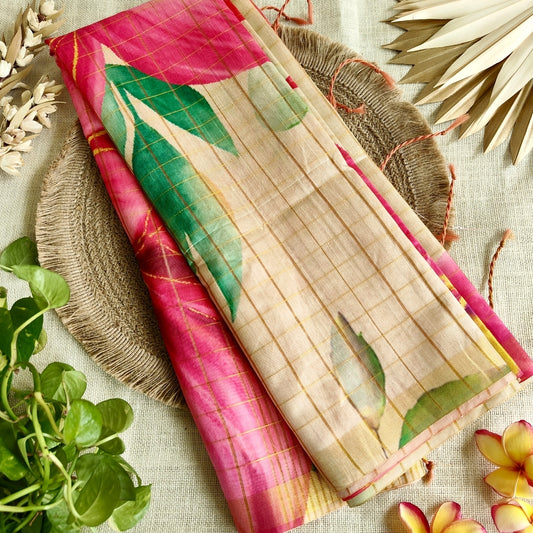 Beige & Pink Floral Semi Tussar  Saree