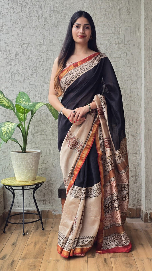 Black with Beige Maheshwari Silk Cotton Saree