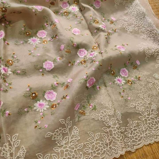 Beige Intricate Floral Embroidery Organza Saree