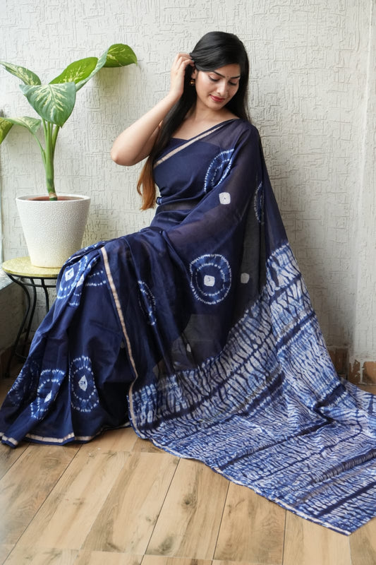 Deep Indigo Shibori Tie-Dye Chanderi Silk Cotton Saree
