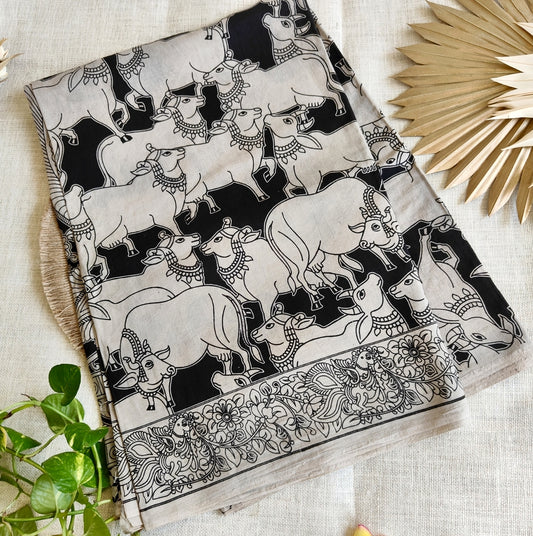 Black and White Cow pattern Kalamkari Cotton Saree