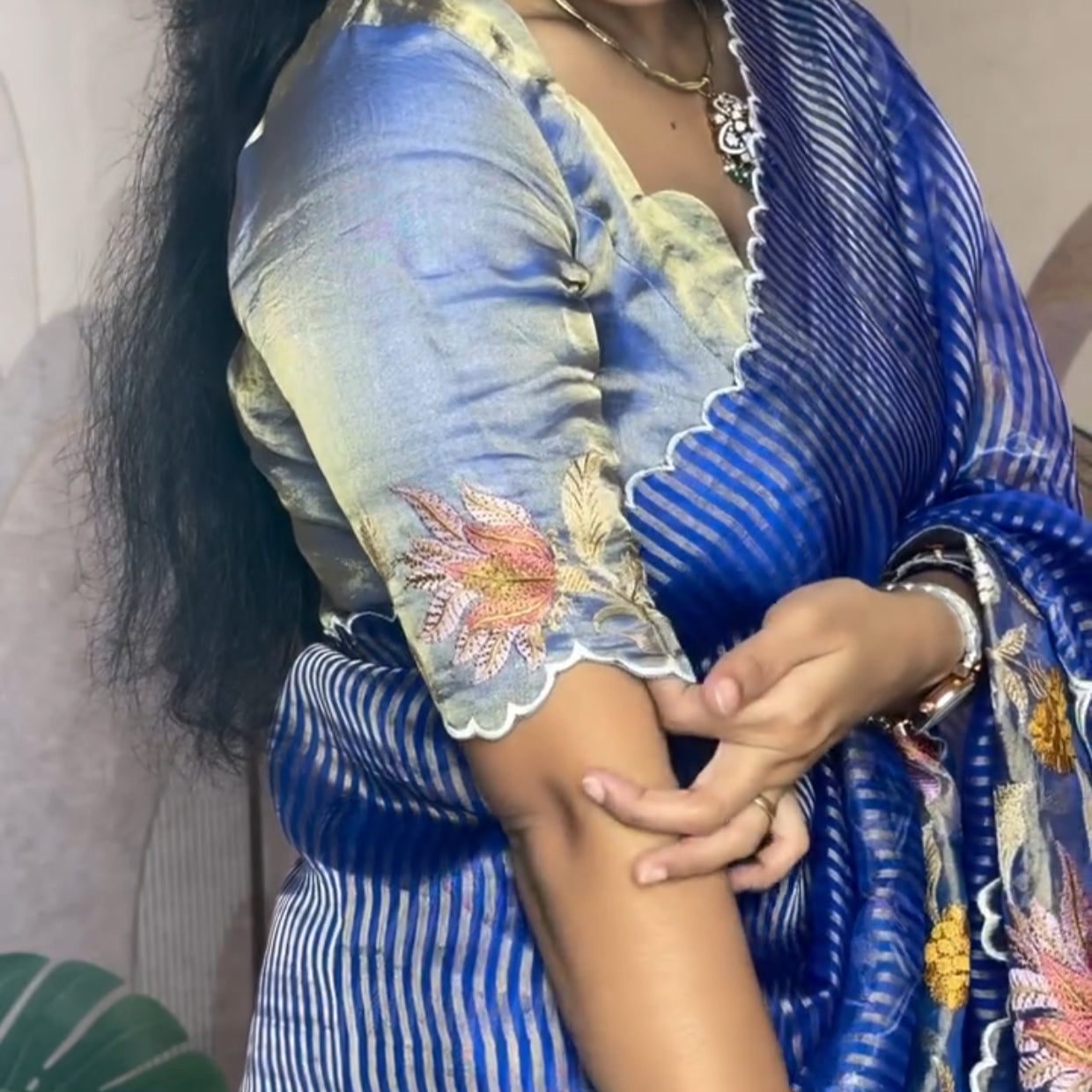 Royal Blue Pure Tissue with Organza Embroidery Silk Saree