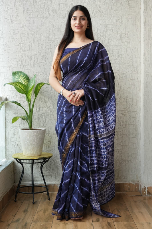 Indigo Lehariya Maheshwari Silk Cotton Saree