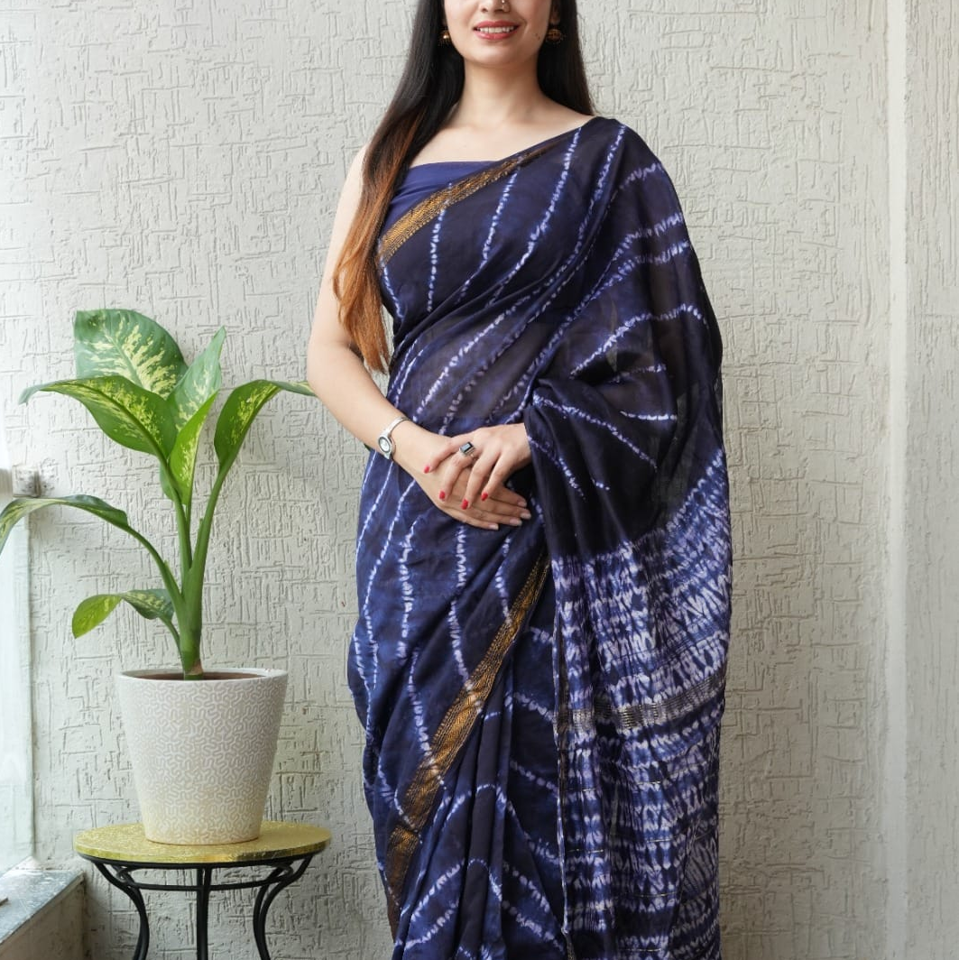 Indigo Lehariya Maheshwari Silk Cotton Saree