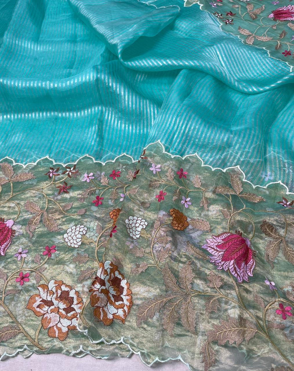 Sky Blue Pure Tissue Organza Embroidery Silk Saree