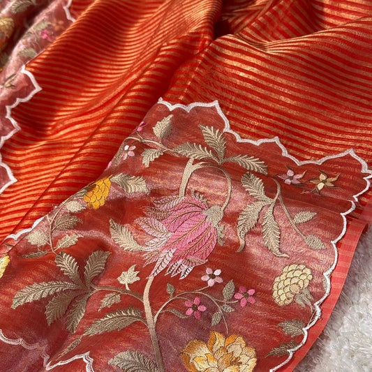 Orange Pure Tissue with Organza Embroidery Silk Saree