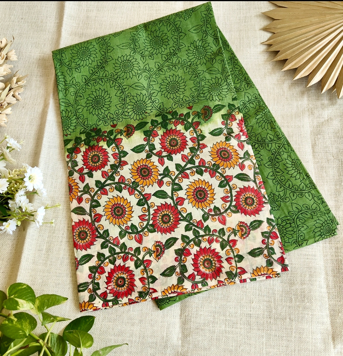 Green Floral Pure Cotton Saree