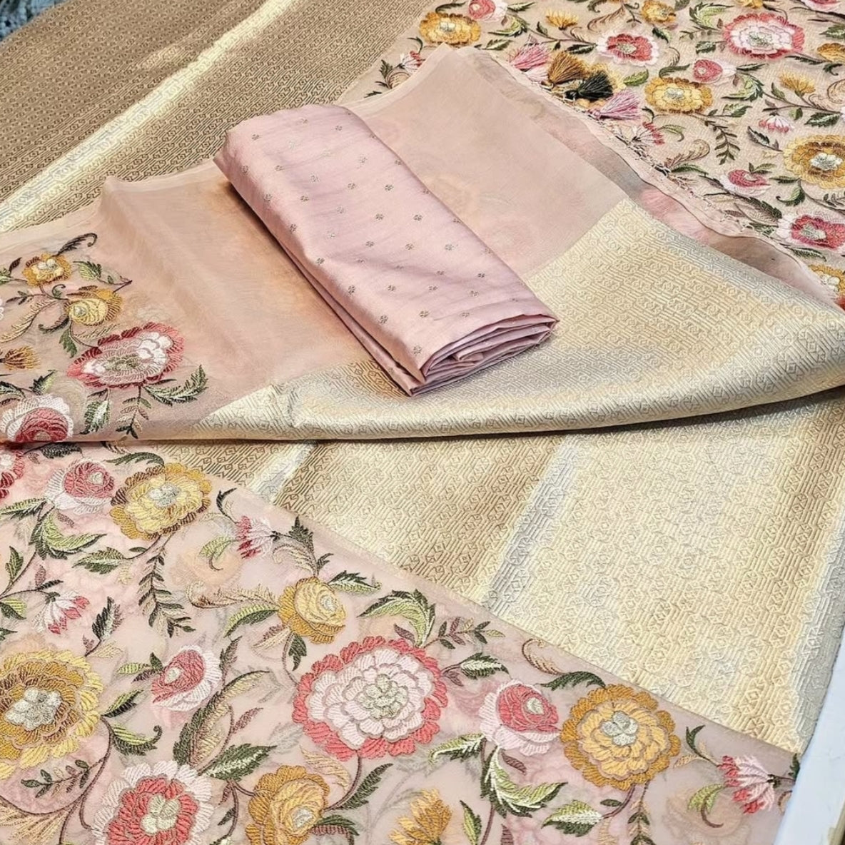 Ivory Blush Brocade Floral Embroidery Pure Organza Saree