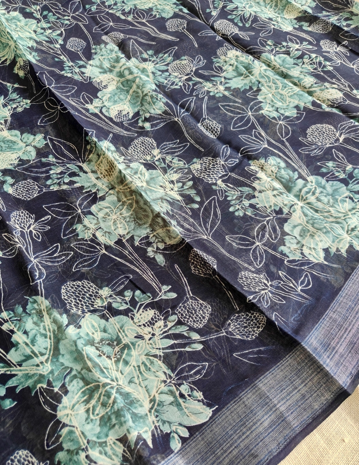Dark Blue Floral Linen Saree