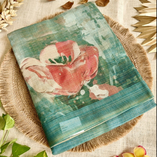Green Floral Tissue Linen Saree