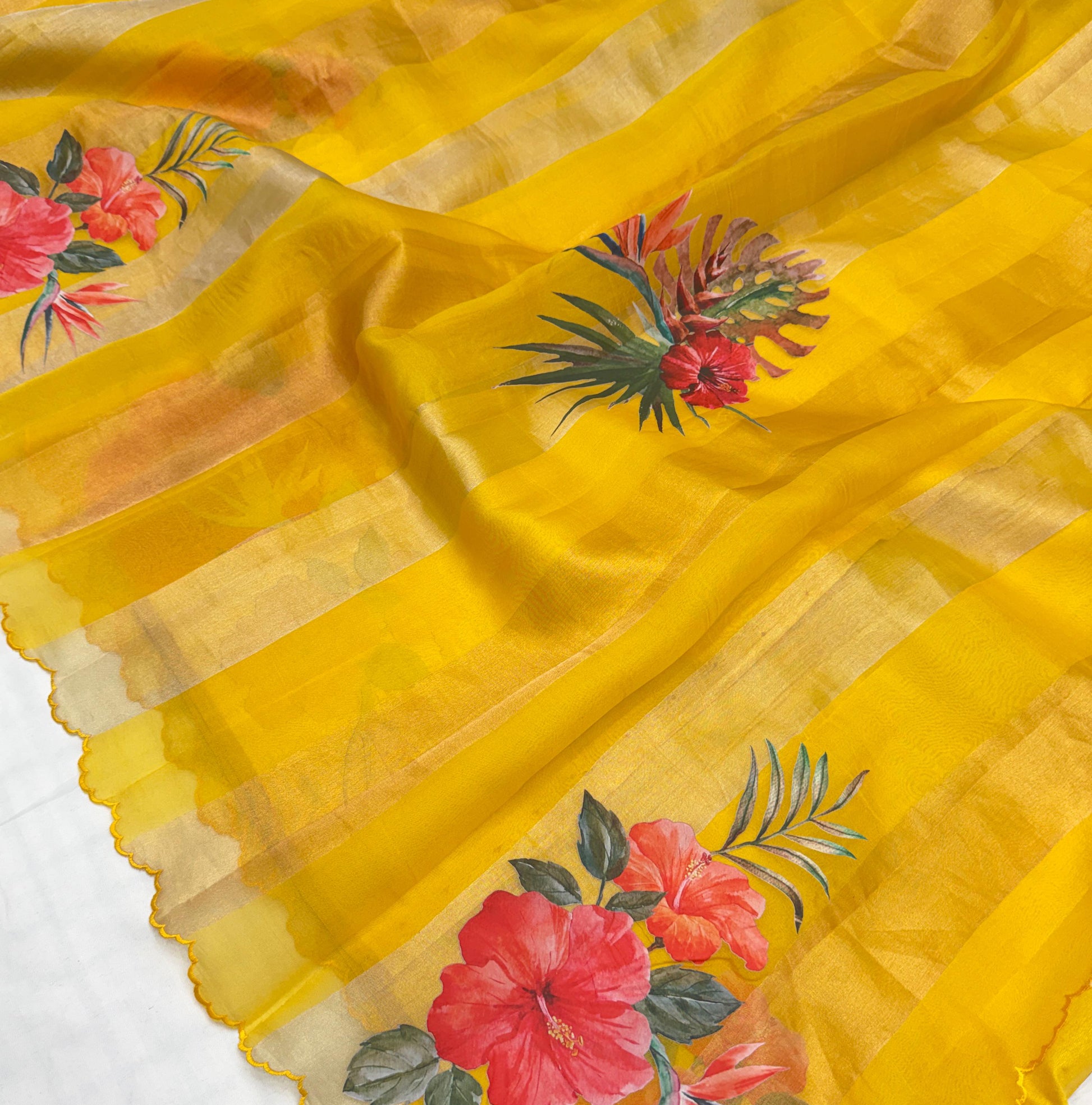 Mustard Gold Stripes Floral Appliqué Pure Tissue Organza Saree