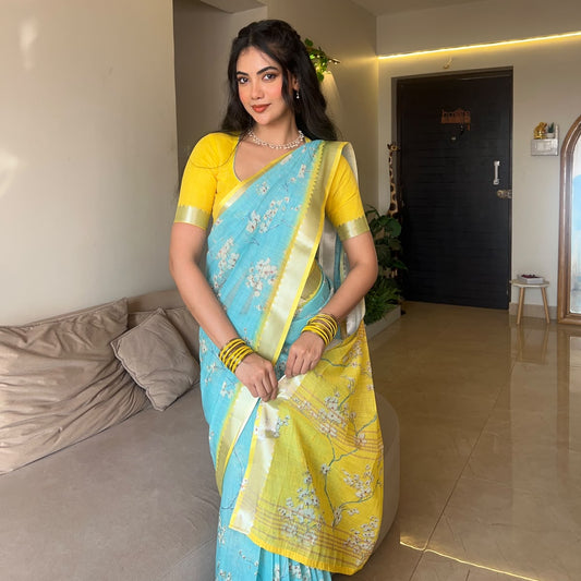 Sky Blue n Yellow Floral Linen  Saree