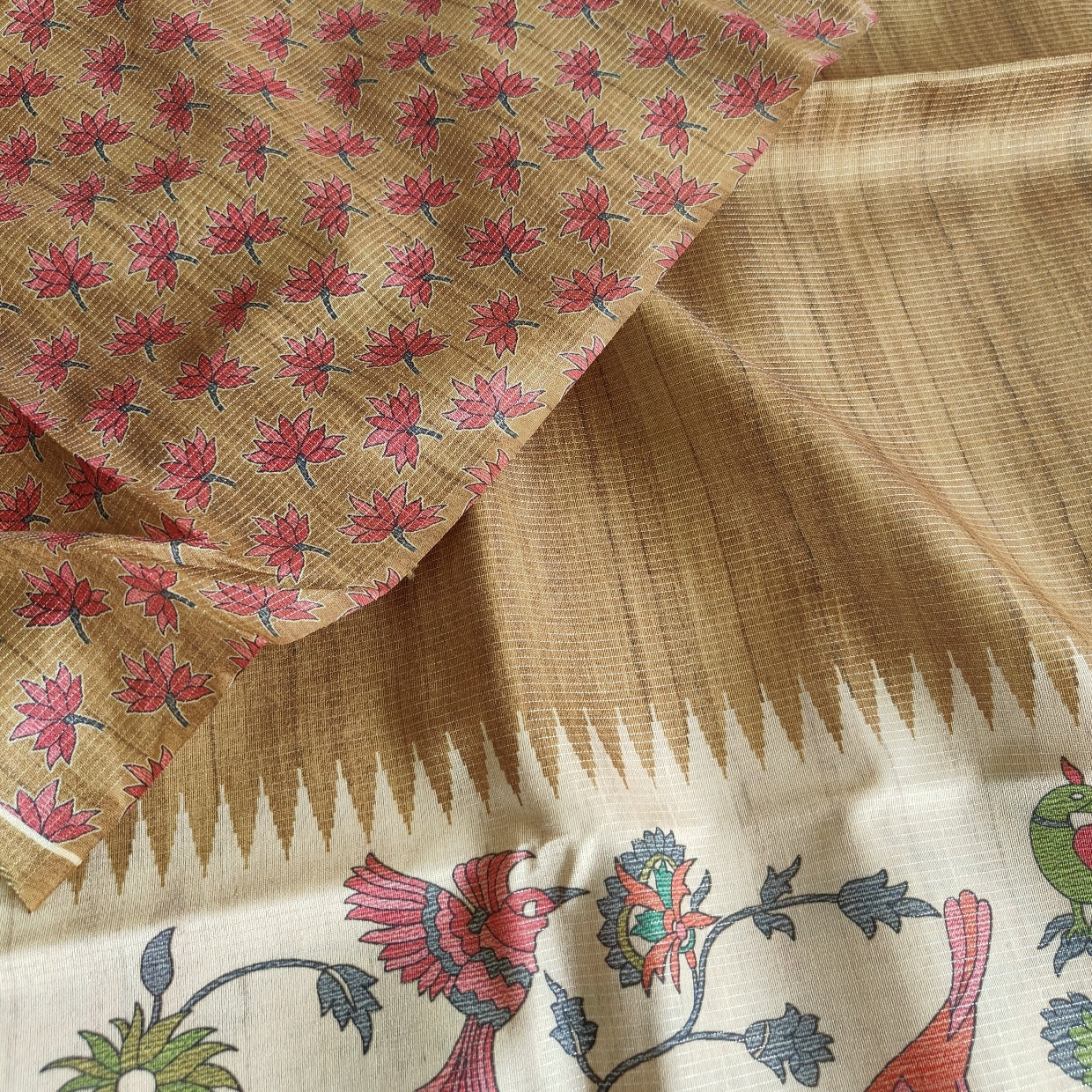 Beige Floral Bird Semi Tussar Saree 