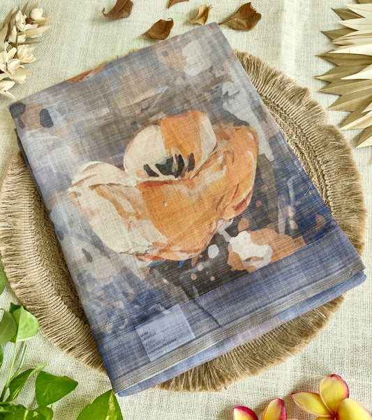 Greyish Blue Floral Tissue Linen Saree