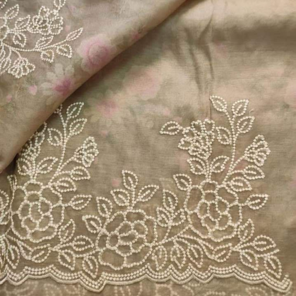 Beige Intricate Floral Embroidery Organza Saree