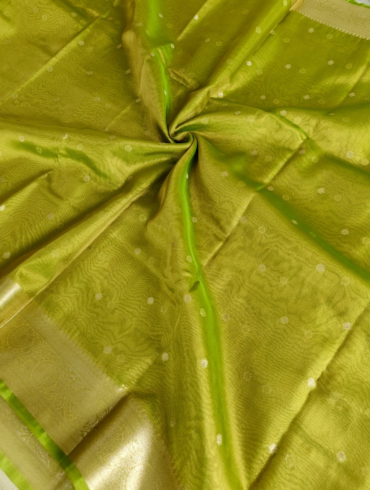 Leaf Green Banarasi Tissue shimmer Silk Saree