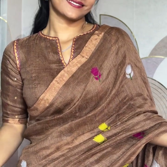 Earthy Brown Tissue Linen Lotus Jamdhani Silk Saree