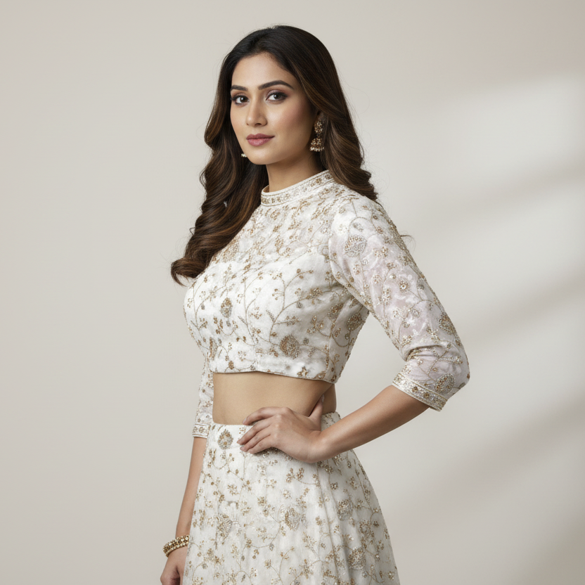 White Natural Crepe Designer Embroidered Fabric