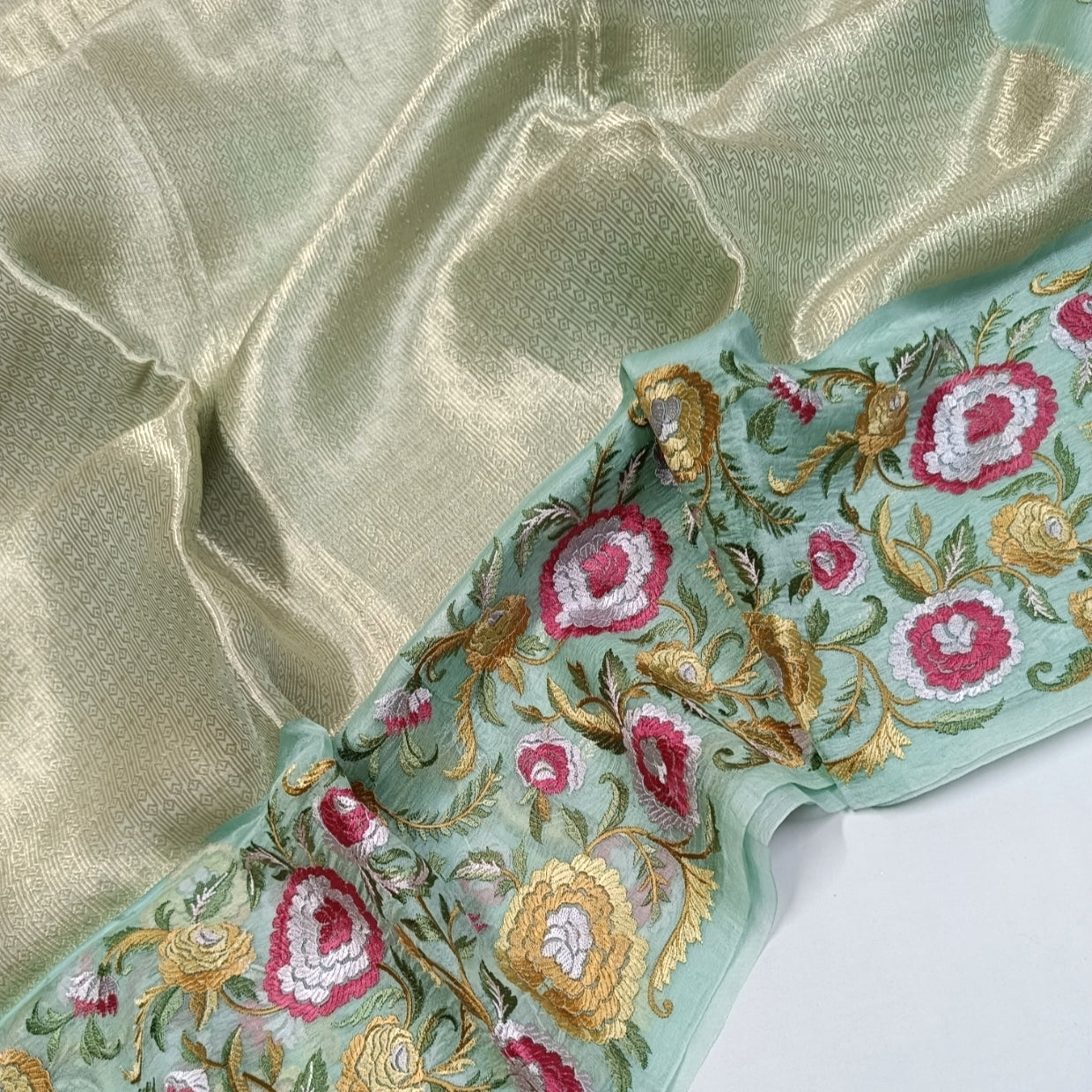 Pastel Mint Brocade Floral Embroidery Pure Organza Saree