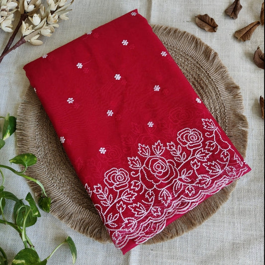 Red Floral Scallop Embroidery Organza Saree